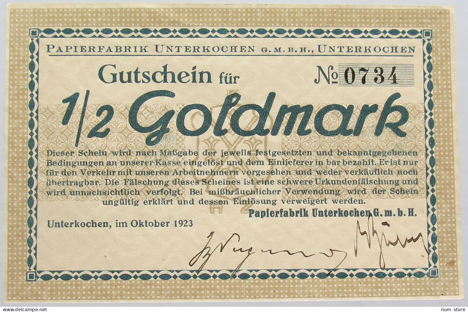 GERMANY WEIMAR 1/2 GOLDMARK 1923 UNTERKOCHEN #alb011 0199 - Deutsche Golddiskontbank