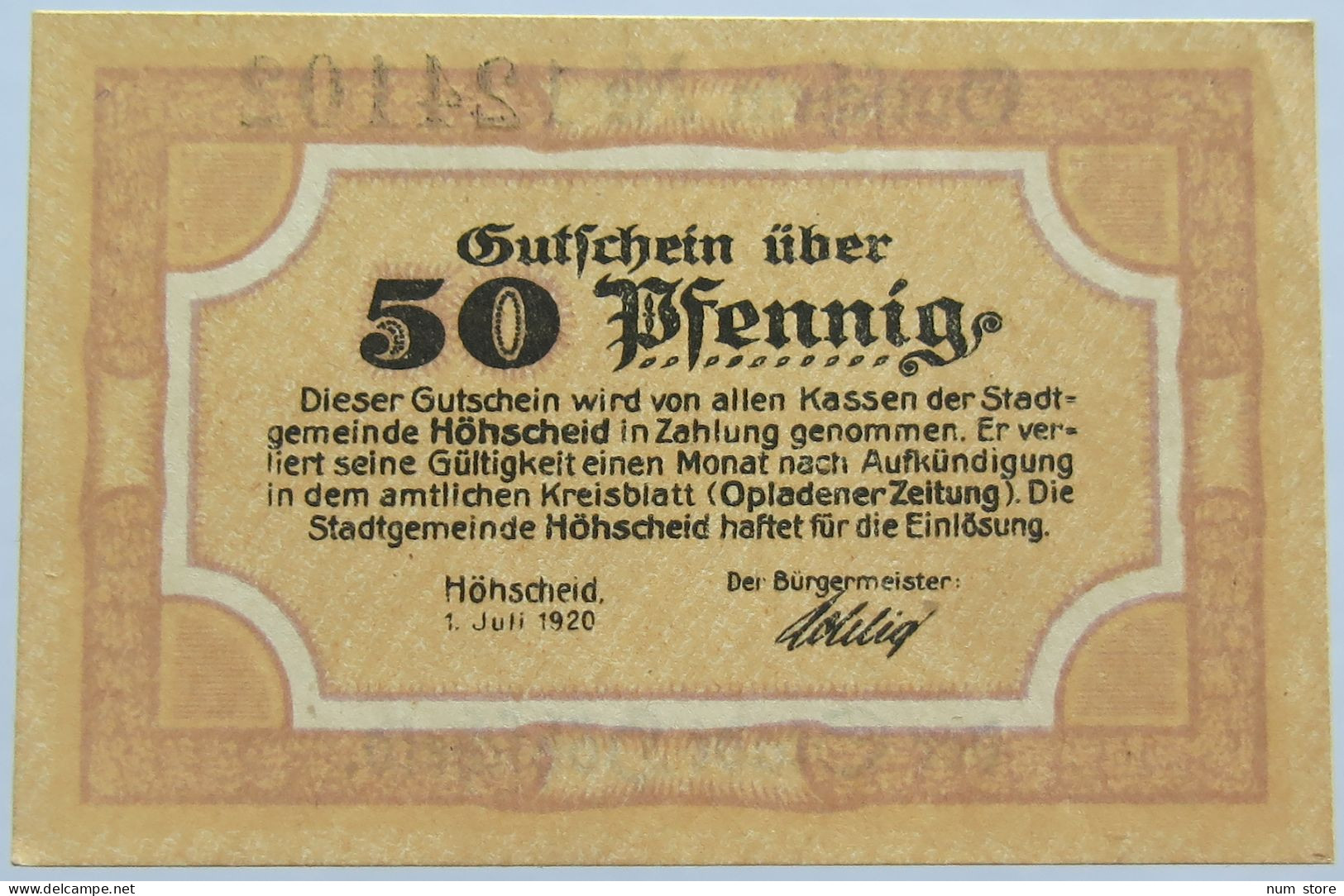 GERMANY NOTGELD HOHSCHEID 50 PFENNIG 1920 #alb005 0043 - Otros & Sin Clasificación