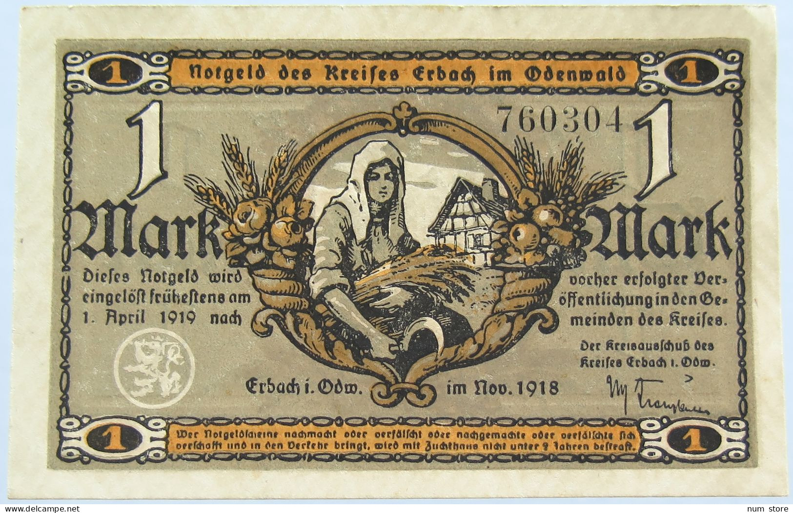 GERMANY NOTGELD ERBACH IM ODENWALD 1 MARK #alb005 0025 - Altri & Non Classificati