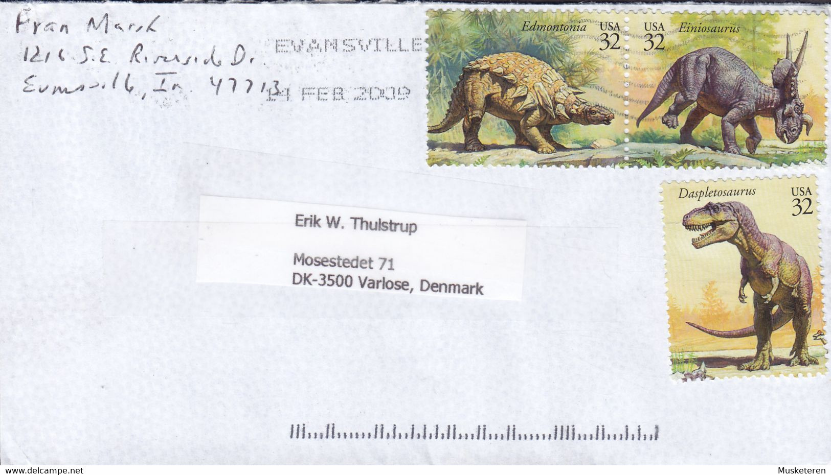 United States EVANSVILLE 2009 Cover Brief VAERLÖSE 3x Denmark Dinosaurus Incl Pair Daspletosaurus Einiosaurus Edmontonia - Cartas & Documentos