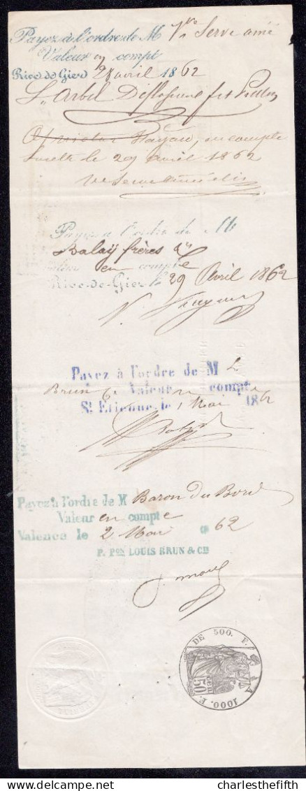 MANDAT DE 1862 * MAITRES DE FORGES DEFLASSIEUX à RIVE DE GIER * Pour  LE BARON DU BORD à St - PAUL 3 CHATEAUX - 1800 – 1899