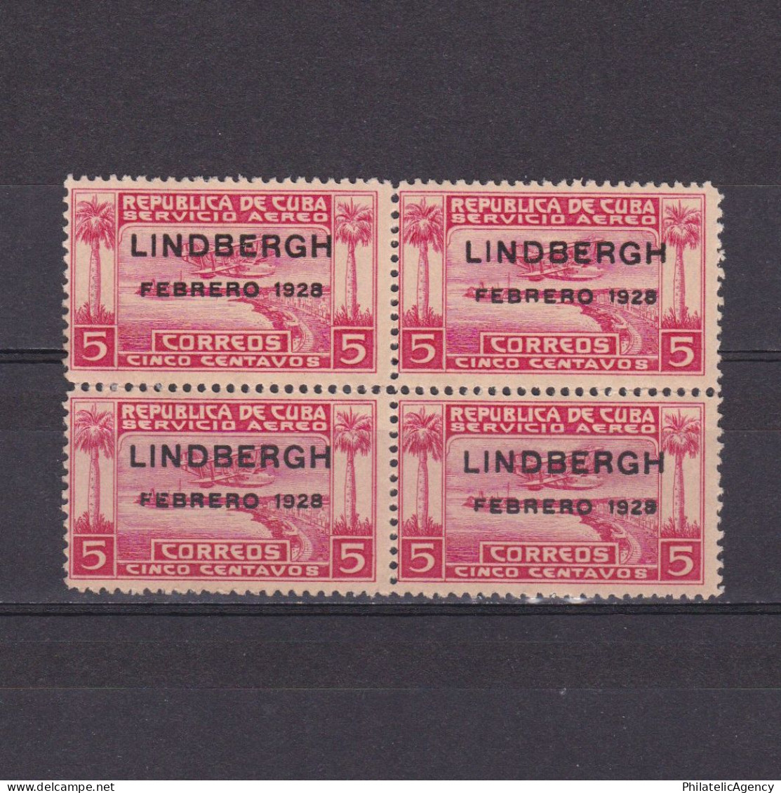 CUBA 1928, Mi# 68, Lindbergh's Flight Overprint, Block Of 4, MH - Unused Stamps