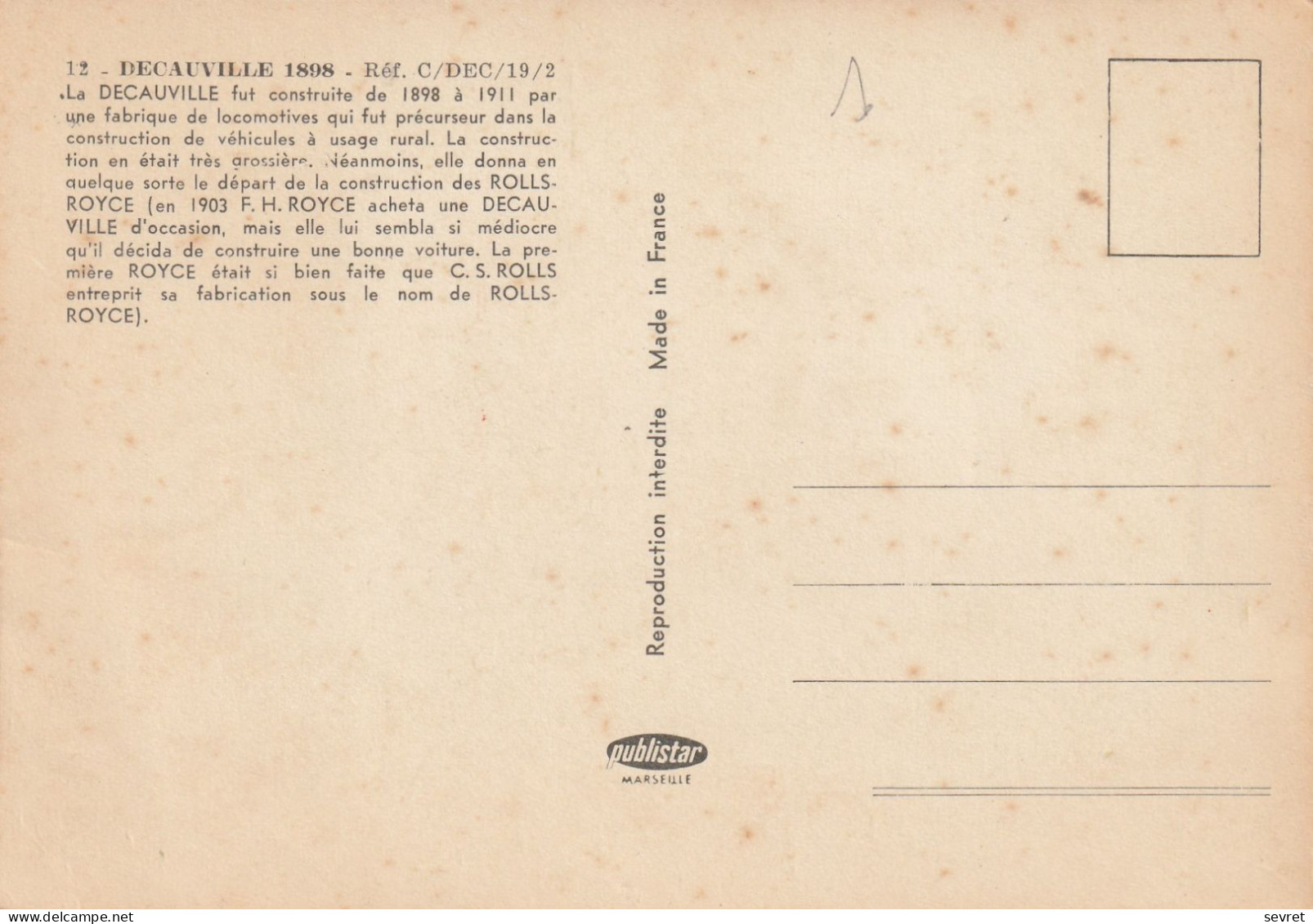 VOITURES ANCIENNES . - DECAUVILLE 1898 - Verzamelingen & Kavels