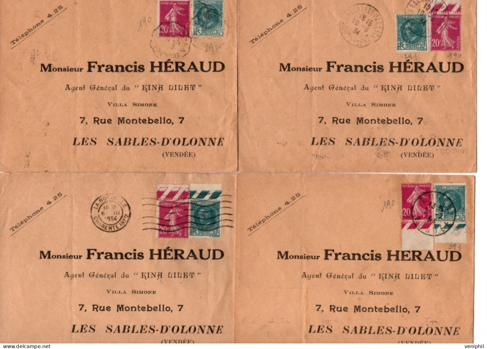 LOT DE 6 LETTRES AFFRANCHIES N° 190+ N° 291 - OBLITERATIONS DIVERSES - ANNEE 1934 - 1921-1960: Moderne