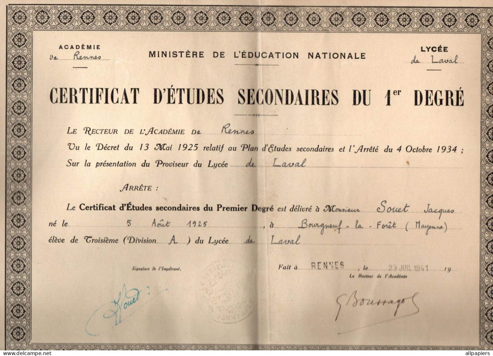 Certificat D'études Secondaires Du 1er Degré Lycée De Laval Fait à Rennes En 1941 - Format : 37x27.5 Cm - Diplômes & Bulletins Scolaires