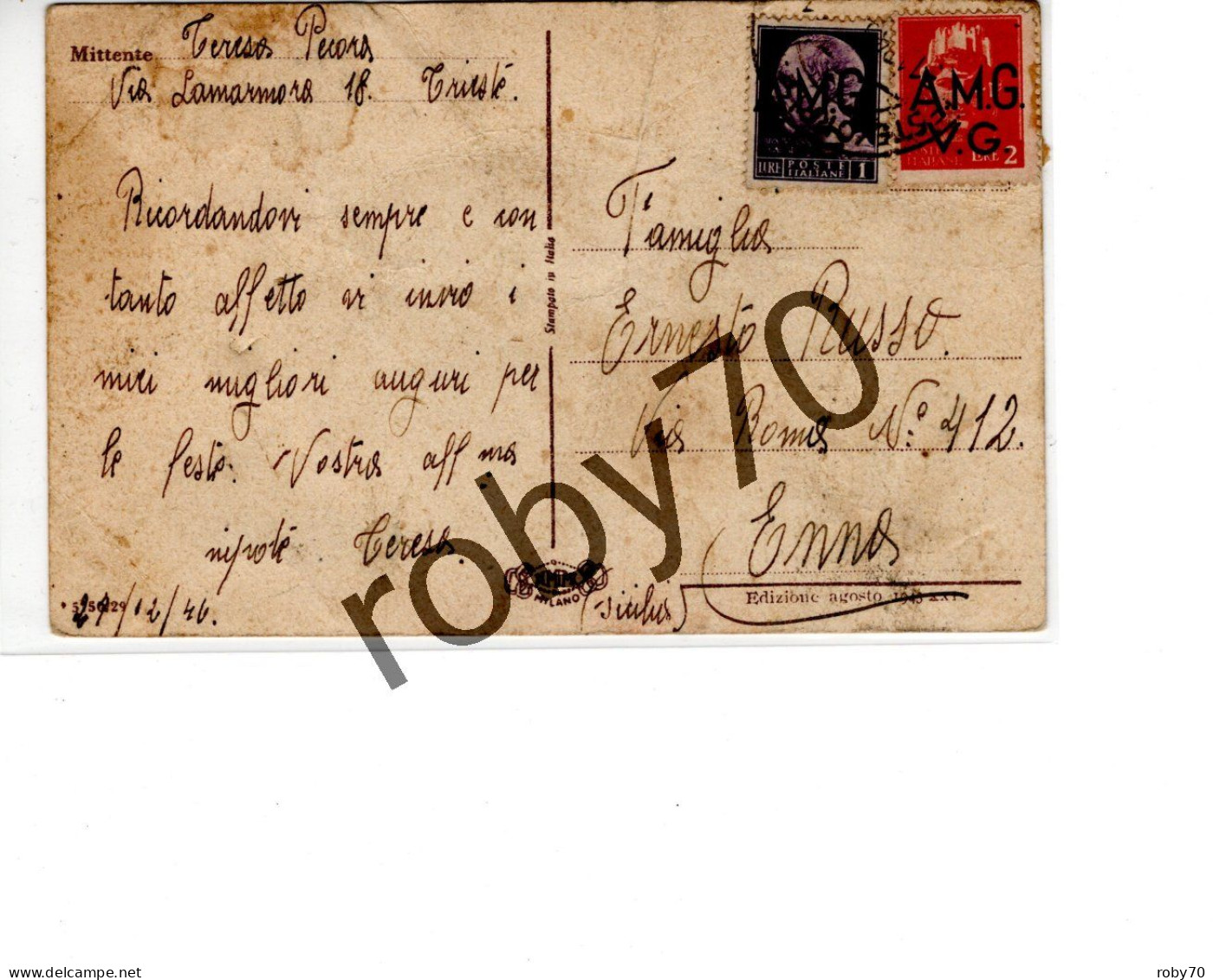 C. POSTALE- TRIESTE 1946 - CARTOLINA VIAGGIATA  PER ENNA - FRANCOBOLLI LUOGOTENENZA SOVRASTAMPATI AMG - VG - Marcophilie