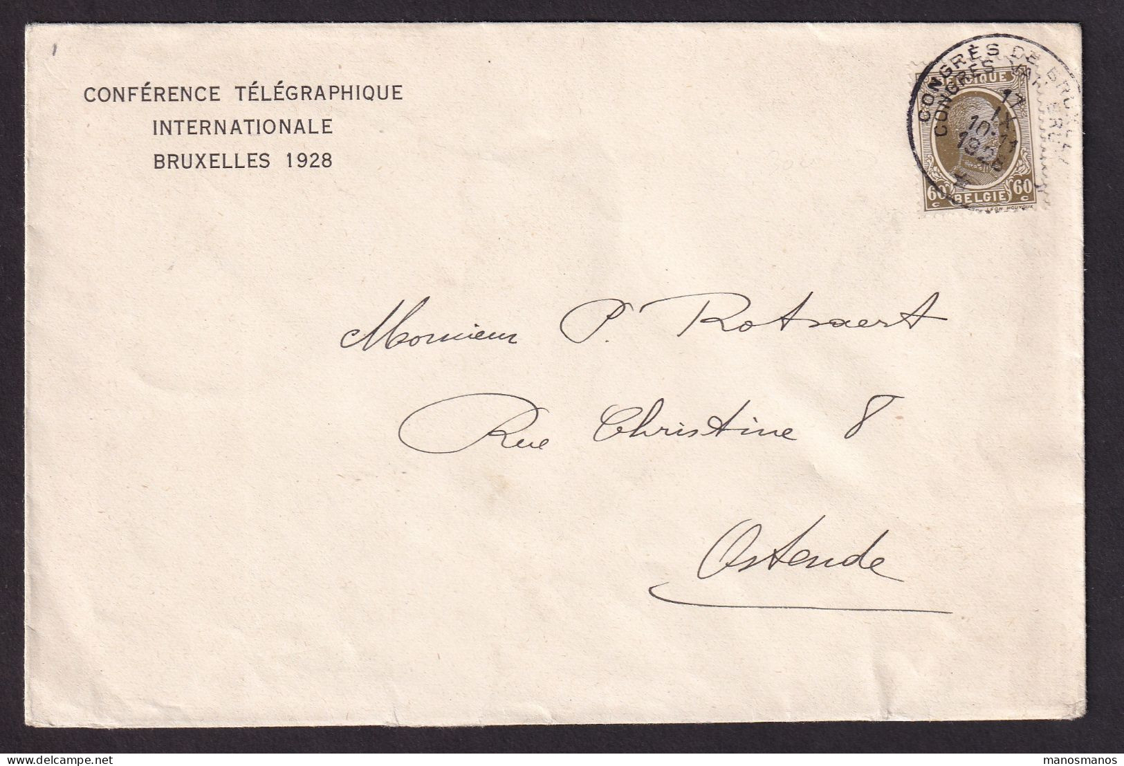 DDEE 848 -- Enveloppe Entete Conférence Télégraphique Internationale BRUXELLES 1928 - TP Houyoux Cachet Du Congrès RRR - Telegramas