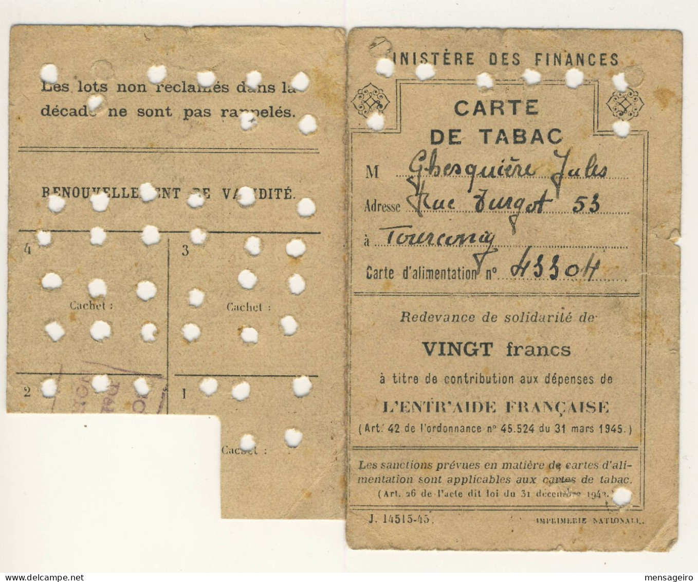 (P87) - CARTE DE TABAC - Y&T EF 1 - CONTRIBUTION AUX DEPENSES DE L ENTRAIDE FRANCAISE - Documenten