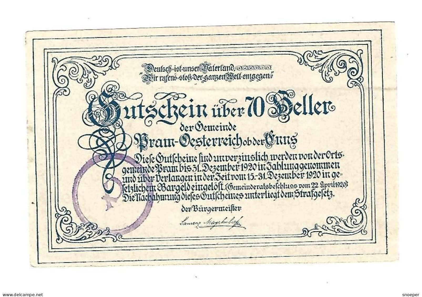 **Austria Notgeld Pram 70 Heller    778i Miet Buchstaben P - Oesterreich