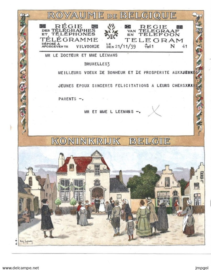 Télégramme Illustre Am Lynen Royaume De Belgique De Vilvoorde à Bruxelles 1939 - Télégrammes