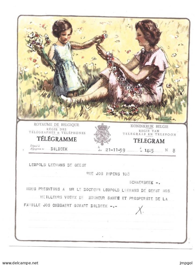 Télégramme Illustre  Royaume De Belgique Dilbeek à Schaerbeek 1939 - Telegrammi