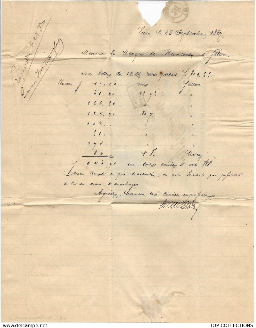 1867 Lure Haute Saône 2 Timbres Empire Oblit. Gr. Ch.  2128 Ch. Martelet = > Marquis Raincourt Fonderie  Fallon - 1800 – 1899