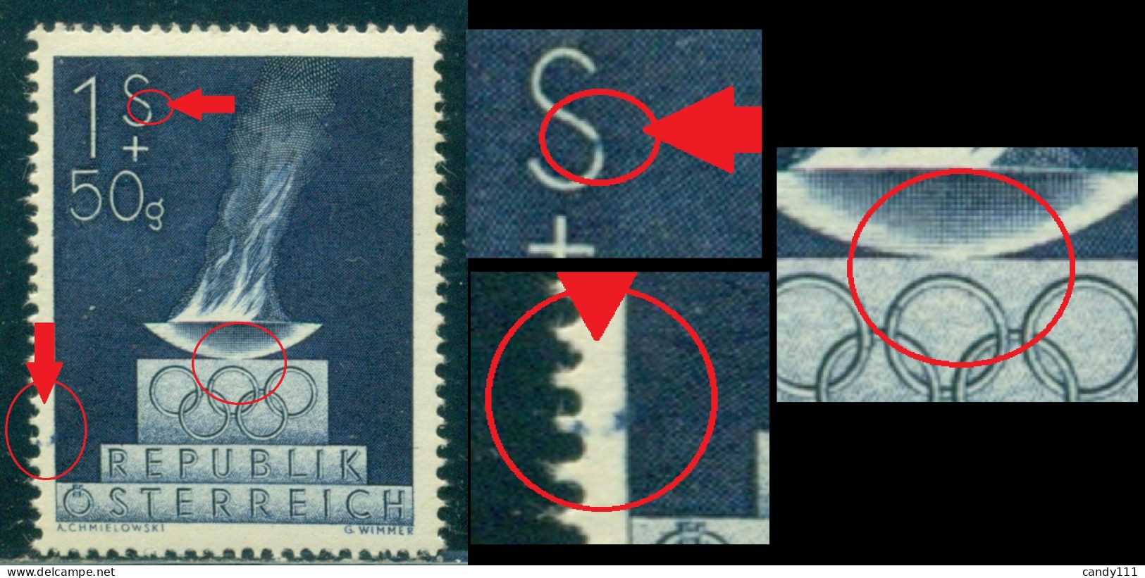 1948 London Olympics,Austria,854,MNH,Error/1:broken "S"+olympic Circle,no Line. - Summer 1948: London