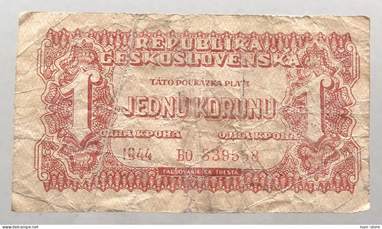 CZECHOSLOVAkIA 1 KORUNA 1944 #alb051 0053 - Tchécoslovaquie