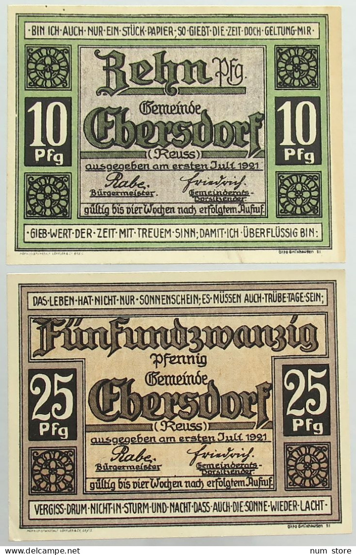 COLLECTION BANKNOTES NOTGELD GERMANY EBERSDORF 2pc #alb067 0495 - Verzamelingen & Kavels