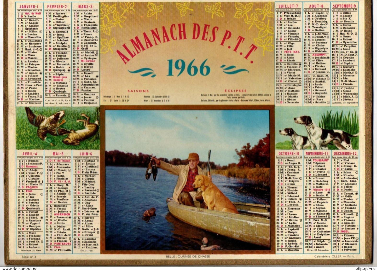 Calendrier Almanach Des P.T.T. 1966 Du Nord - Photo Belle Journée De Chasse - Format : 26.5x21 Cm - Grand Format : 1961-70