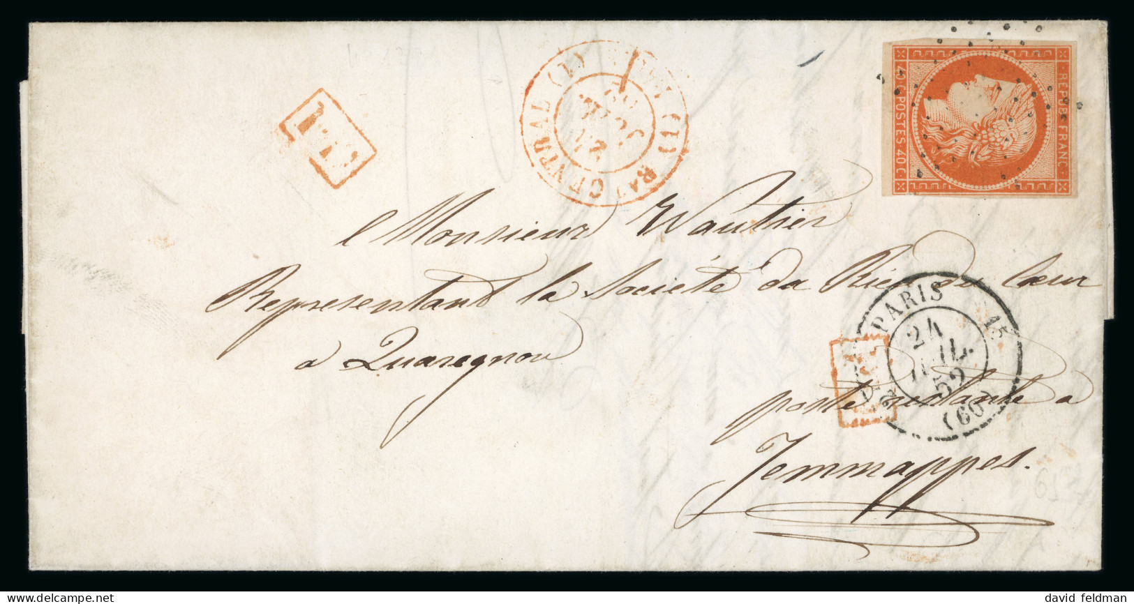 1852, Lettre De Paris Pour Jemappes (Belgique), Affranchissement - 1849-1850 Ceres