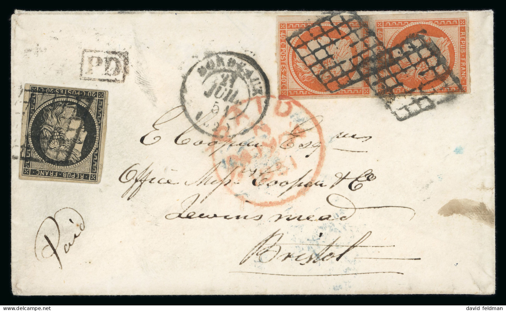 1851 Enveloppe Pour L'Angleterre Avec Cérès Non Dentelé - 1849-1850 Ceres