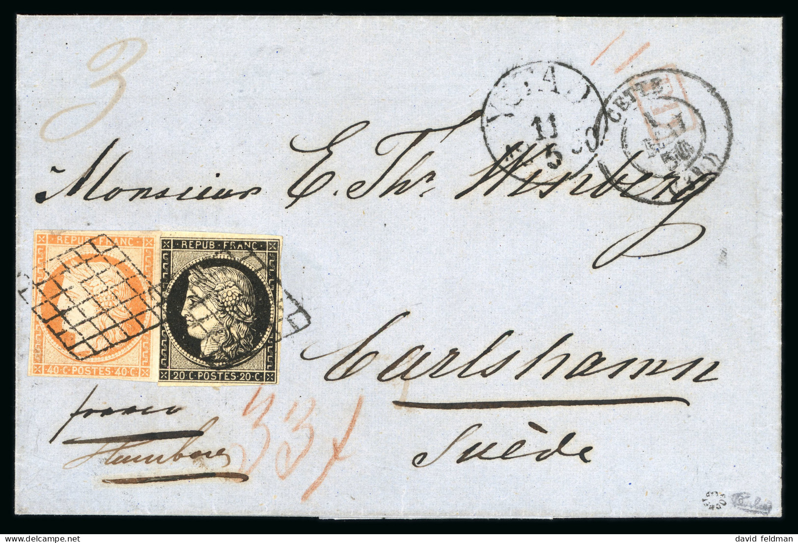 1850, Lettre Pour Karlshamn (Suède), Affranchissement - 1849-1850 Cérès