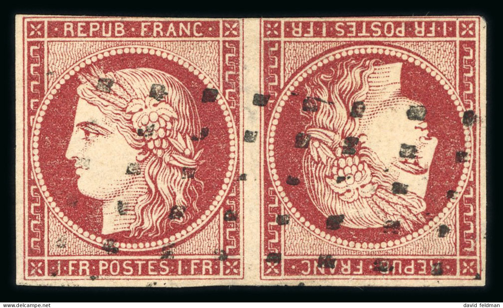 1849, Cérès Non Dentelé 1 Franc Carmin Paire Tête-bêche - 1849-1850 Ceres