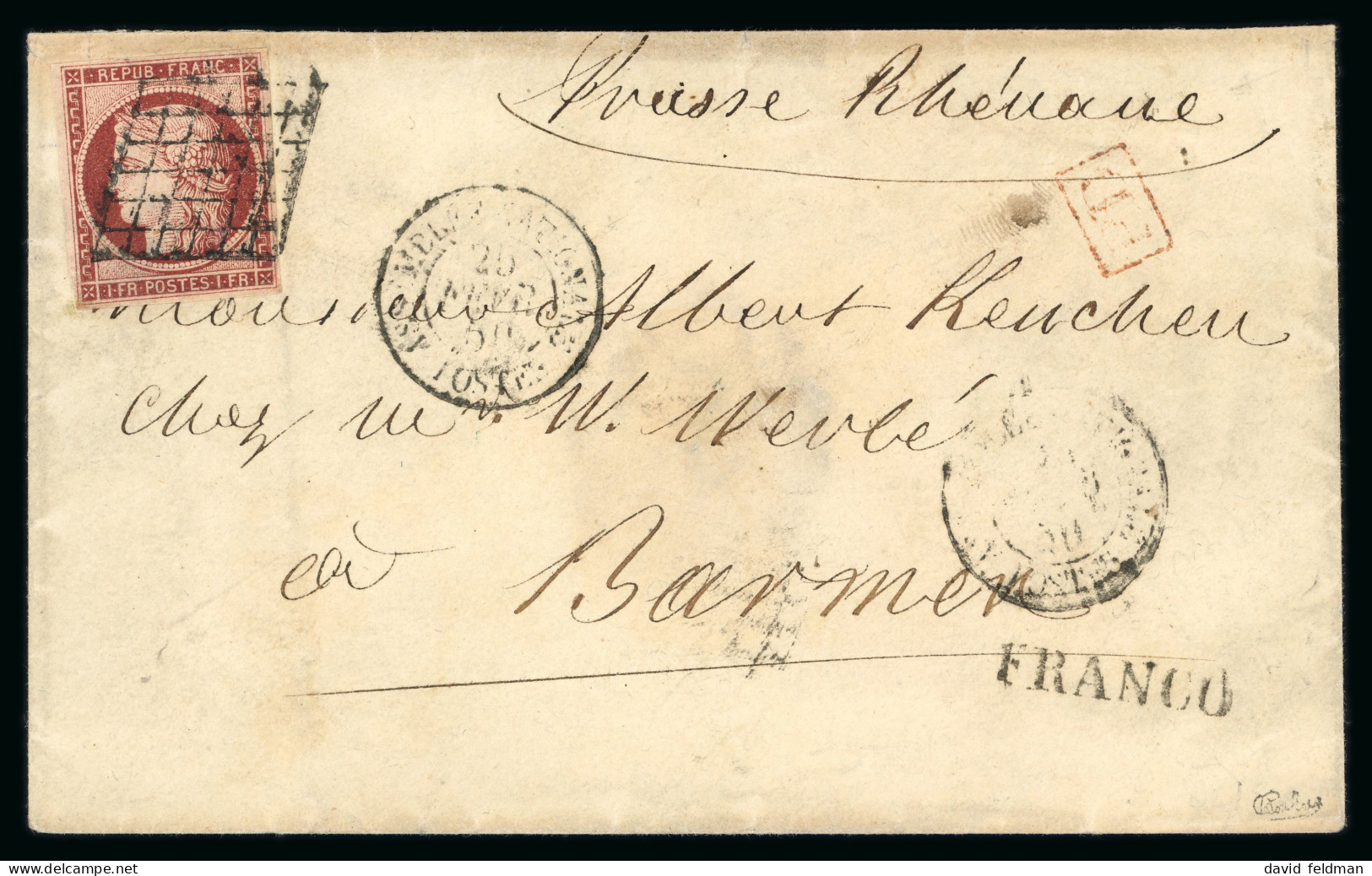 1850, Cérès Non Dentelé 1 Franc Carmin, Sur Lettre - 1849-1850 Ceres