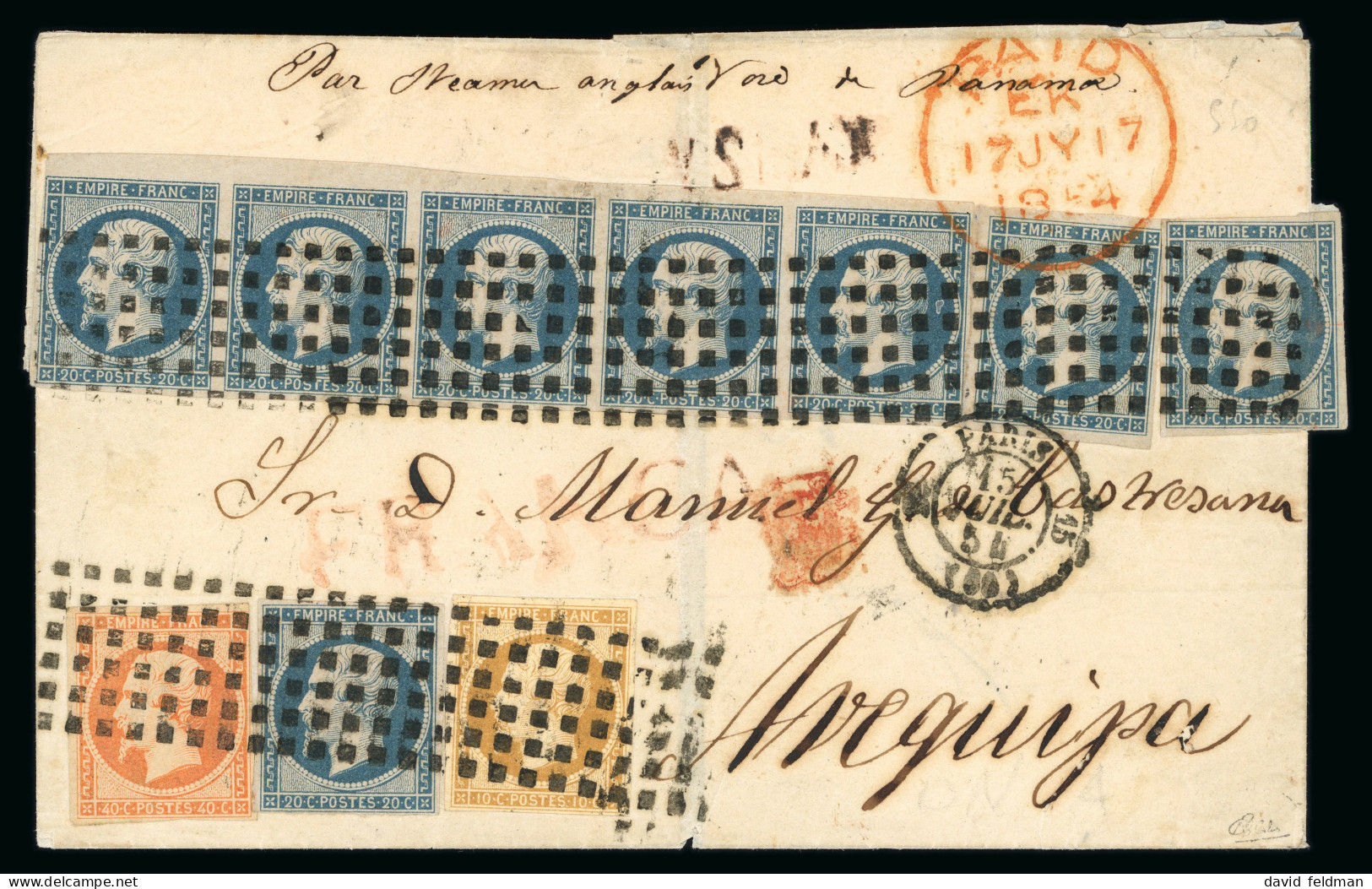 1854, Lettre Pour Arequipa (Pérou), Affranchissement - 1853-1860 Napoleon III