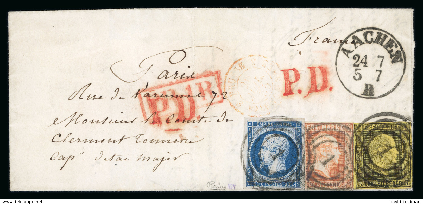 1855, Lettre D'Aachen Pour Paris à Destination D'un - 1853-1860 Napoleon III