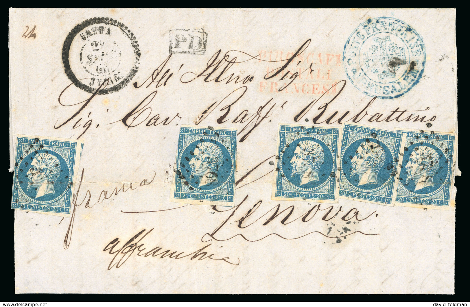 1860, Lettre De Jaffa Pour Gênes (Genova), Affranchissement - 1853-1860 Napoleon III