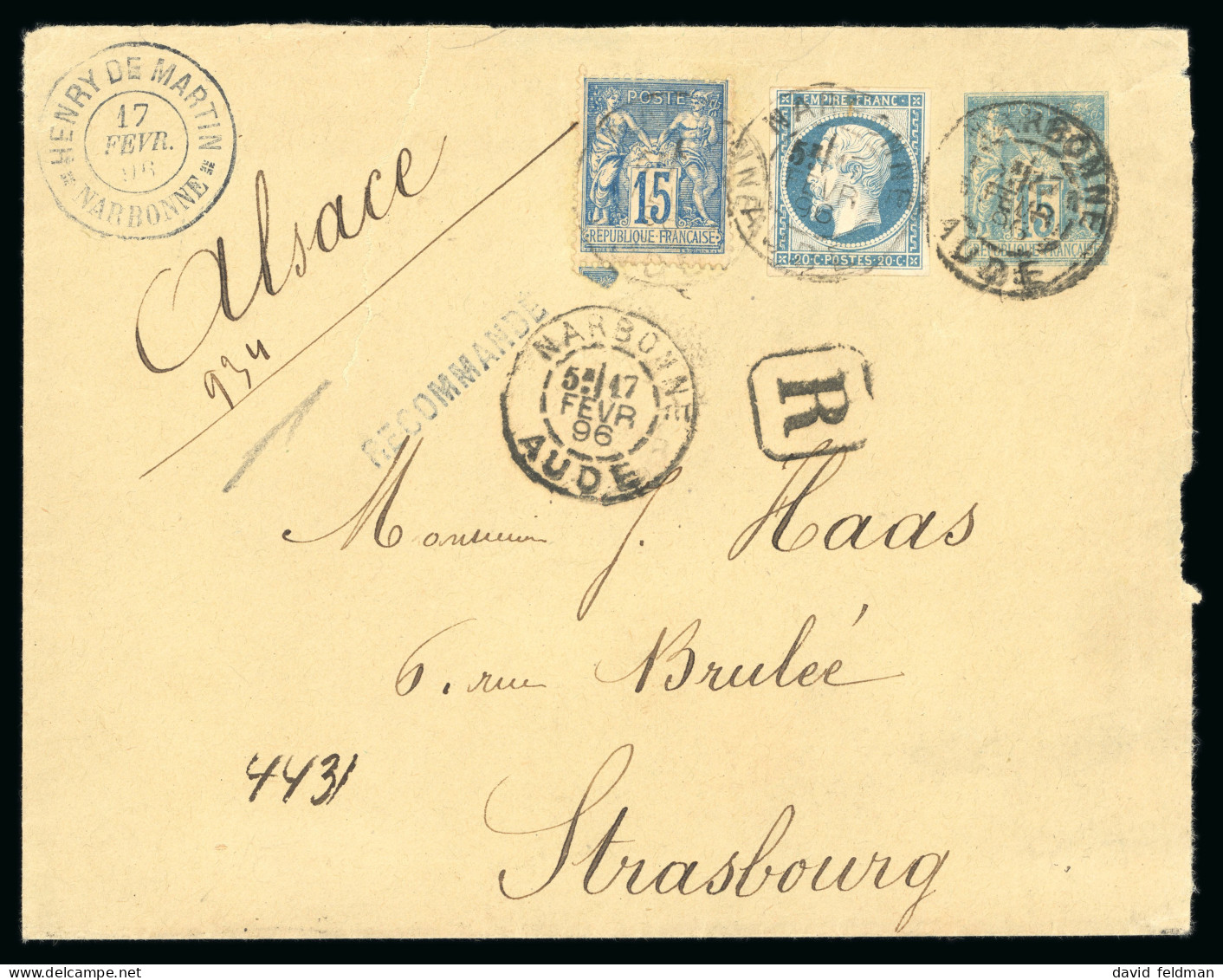 1896, Enveloppe TSC Type Sage 15 Centimes Bleu Henry - 1853-1860 Napoléon III