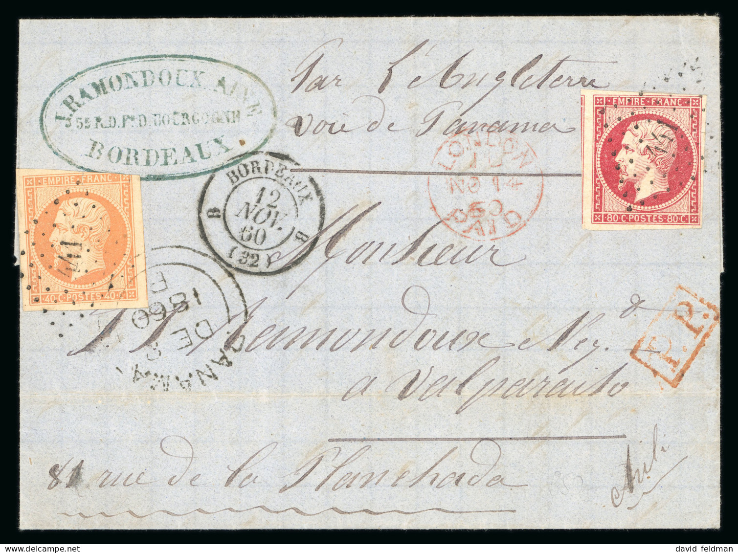 1860, Lettre Pour Valparaiso (Chili - Chile), Affranchissement - 1853-1860 Napoleon III