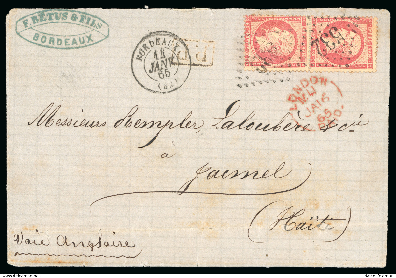 1865, Lettre Pour Jacmel (Haïti), Affranchissement - 1862 Napoleon III