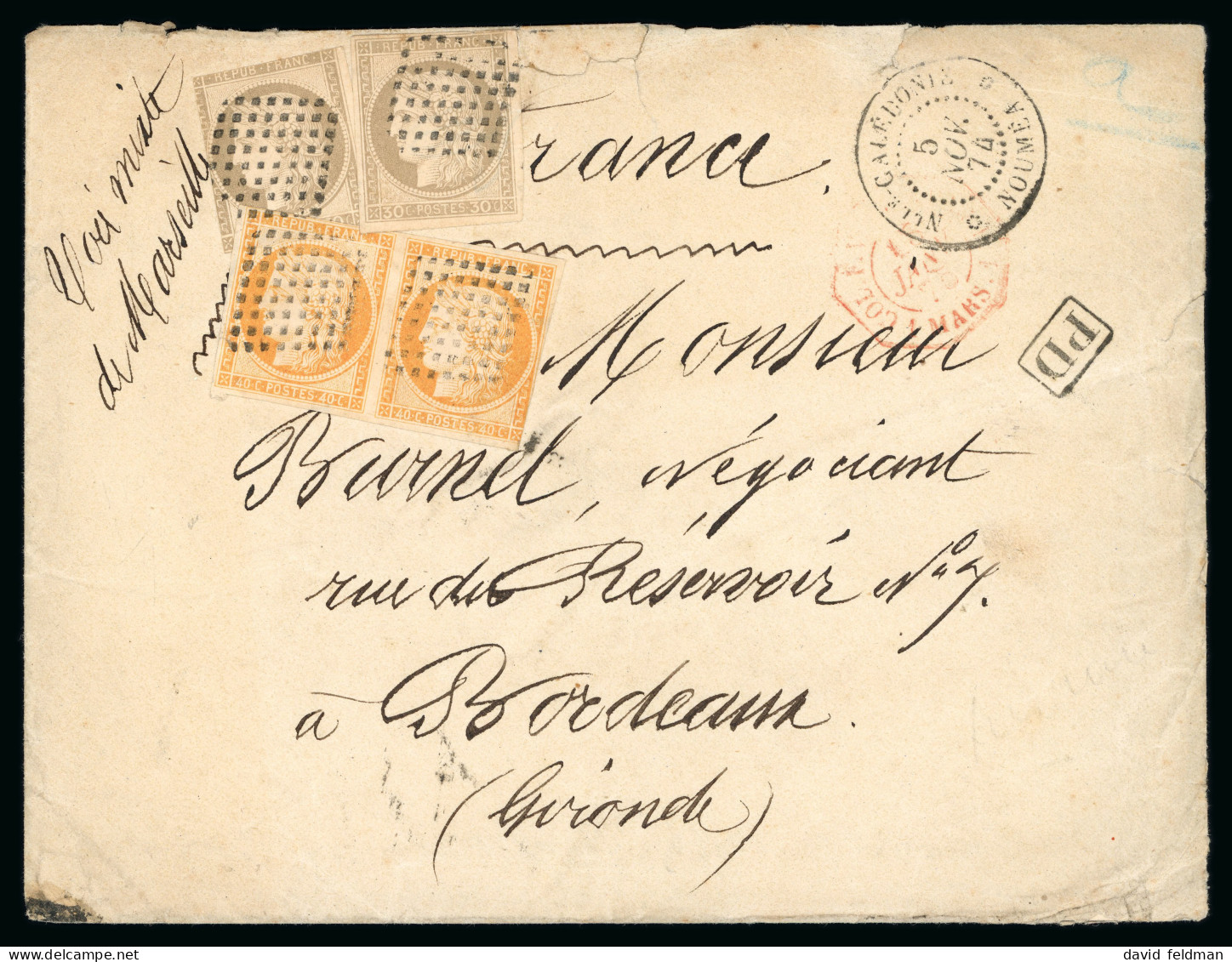 1874, Lettre De Nouméa Pour Bordeaux, Affranchissement - Briefe U. Dokumente