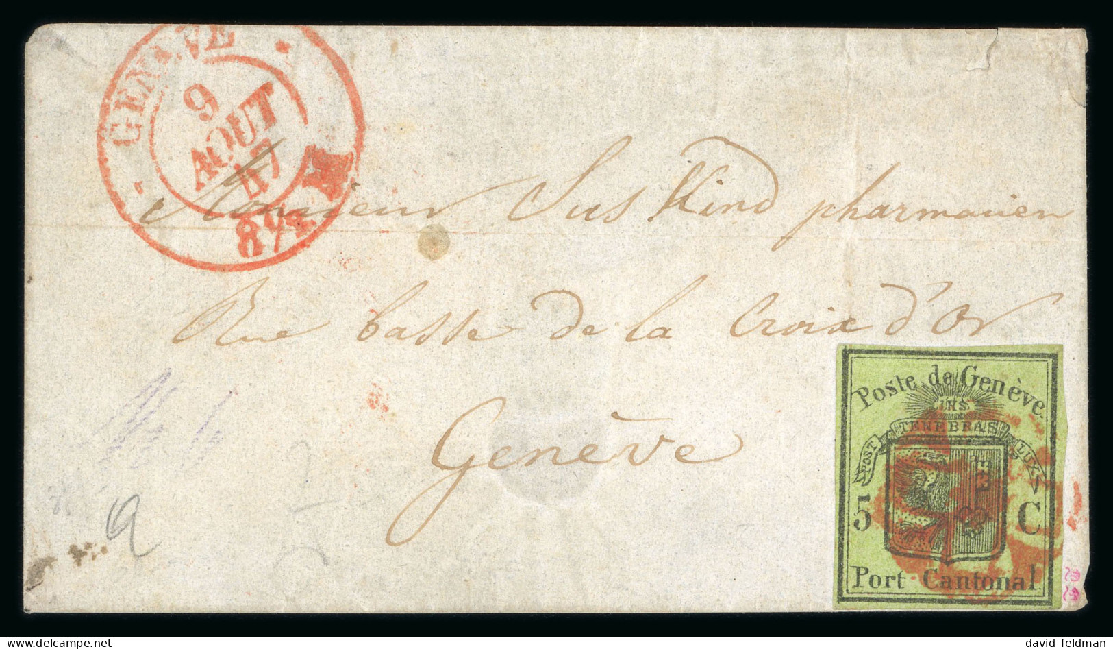 Genf 1846, 5c Sogenannter Grosser Adler Gelbgrün Auf Außergewöhnlich Kleinen Ursprünglichen Briefumschlag - 1843-1852 Correos Federales Y Cantonales