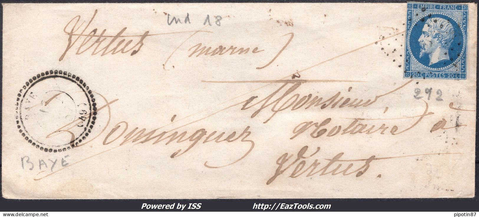 FRANCE N°14A SUR LETTRE AVEC PC 292 BAYE MARNE + CAD PERLÉ DU 18/08/1857 - 1853-1860 Napoleone III