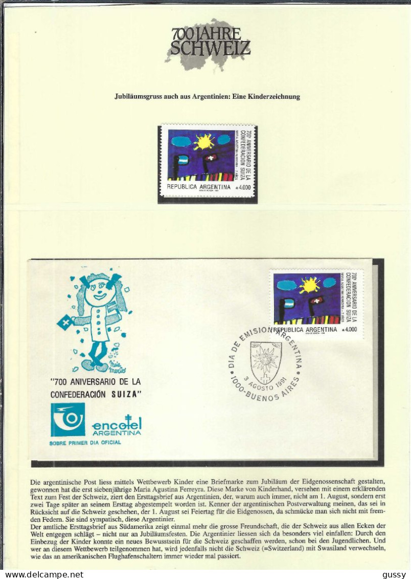 ARGENTINE 1991: FDC De Buenos Aires à L'occasion Des 700 Ans De La Suisse Et TP Correspondant Neuf** - Storia Postale