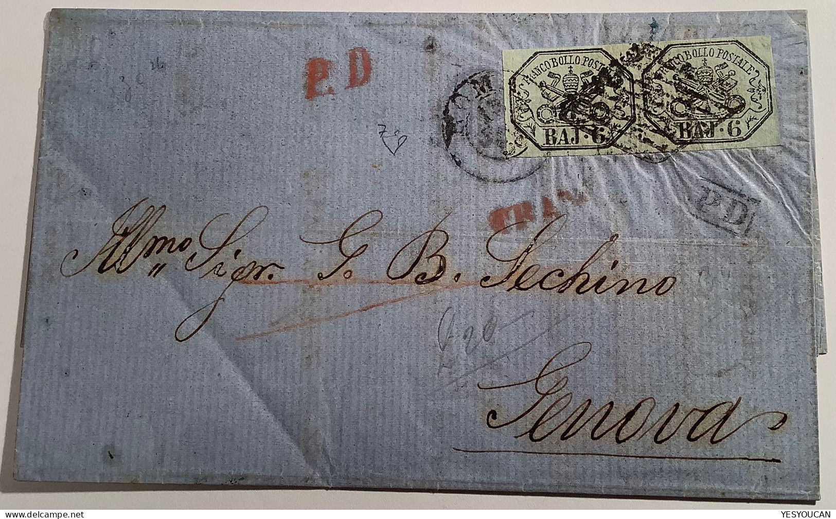 ROMA 1858 Lettera Sa.7  975€ SPL >Genova, E.Diena (Stato Pontificio Lettre Pontifical States Cover 1852 - Etats Pontificaux