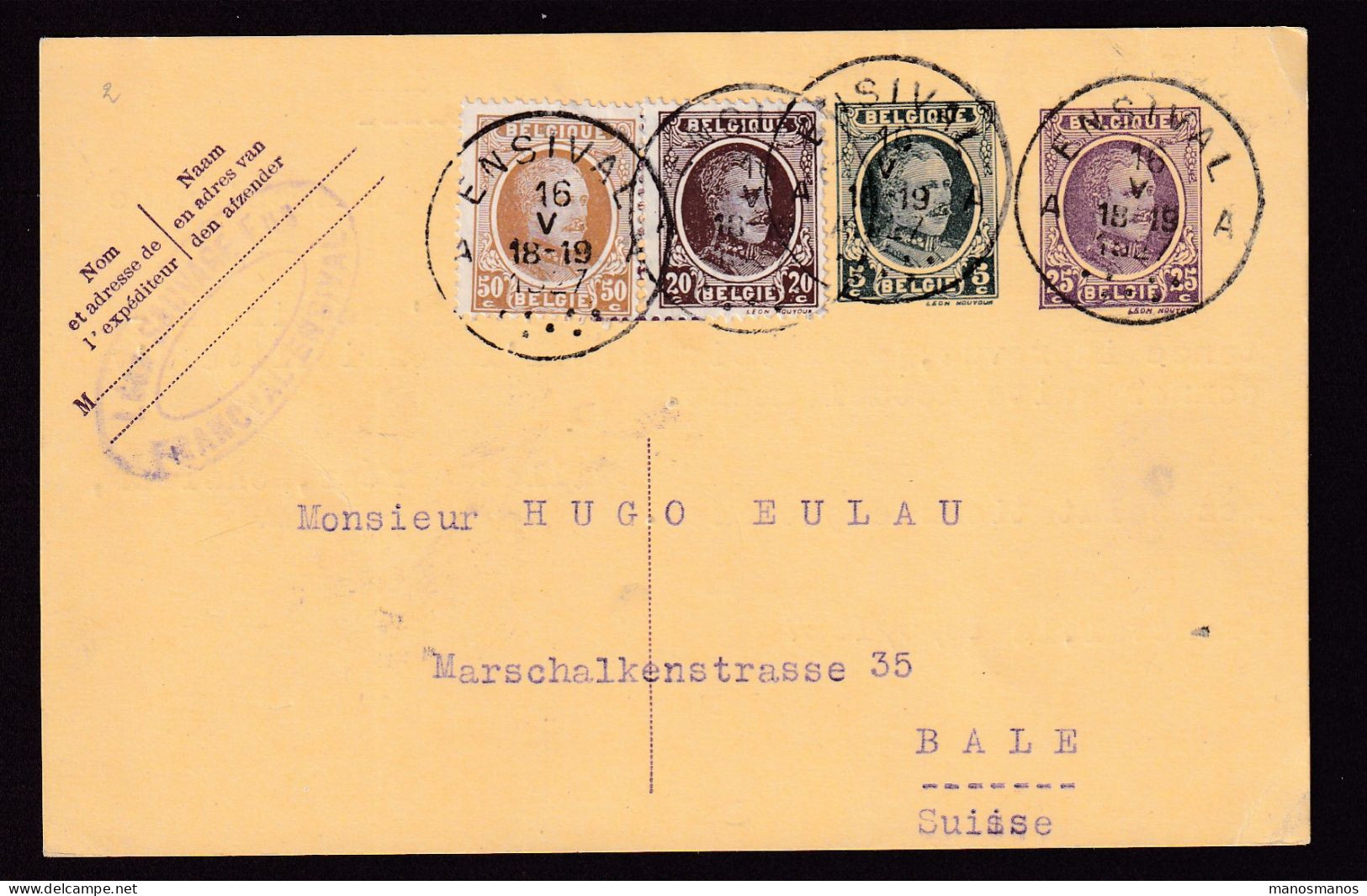 DDEE 865 -- Entier Postal Houyoux + TP Dito ENSIVAL 1927 Vers BALE Suisse - Origine FRANCVAL - Cartes Postales 1909-1934