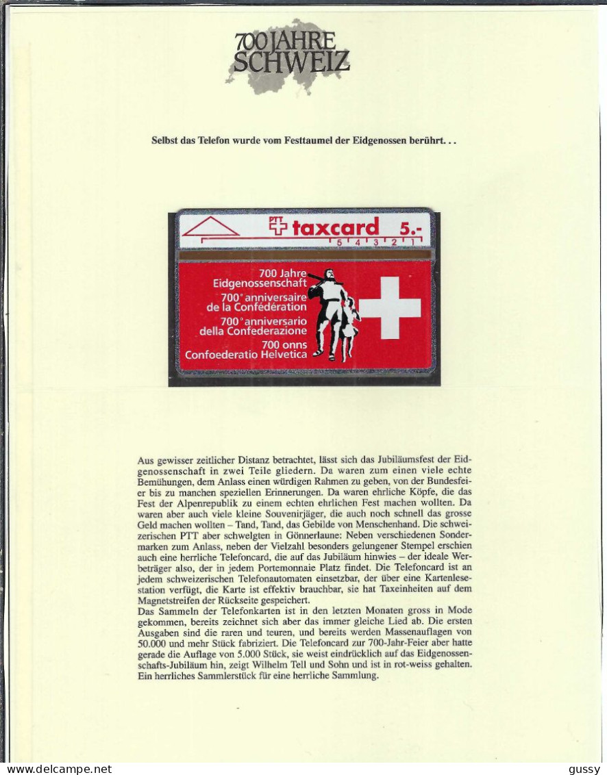 SUISSE 1991: Encart à L'occasion Des 700 Ans De La Confédération Avec Carte-téléphone Spéciale - Autres - Europe