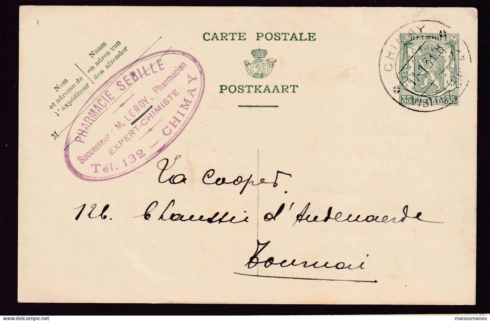 DDEE 867 -- Entier Postal Petit Sceau CHIMAY 1938 à TOURNAI - Cachet Privé Pharmacie Sebille, Leroy Pharmacien-Chimiste - Postkarten 1934-1951