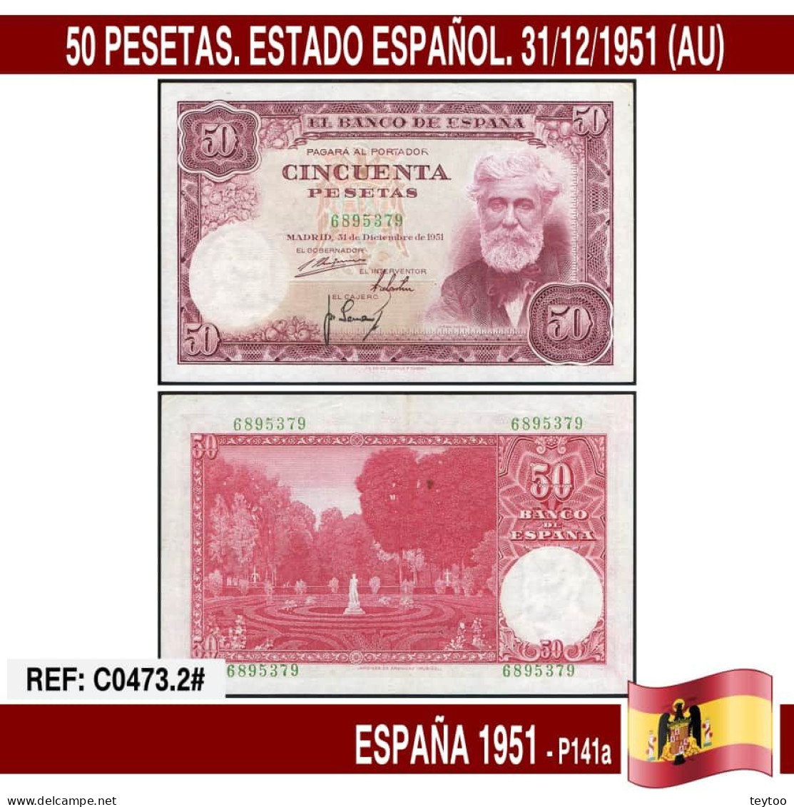 C0473.2# España 1951. 50 Pts. Estado Español (AU) P141a - 50 Peseten