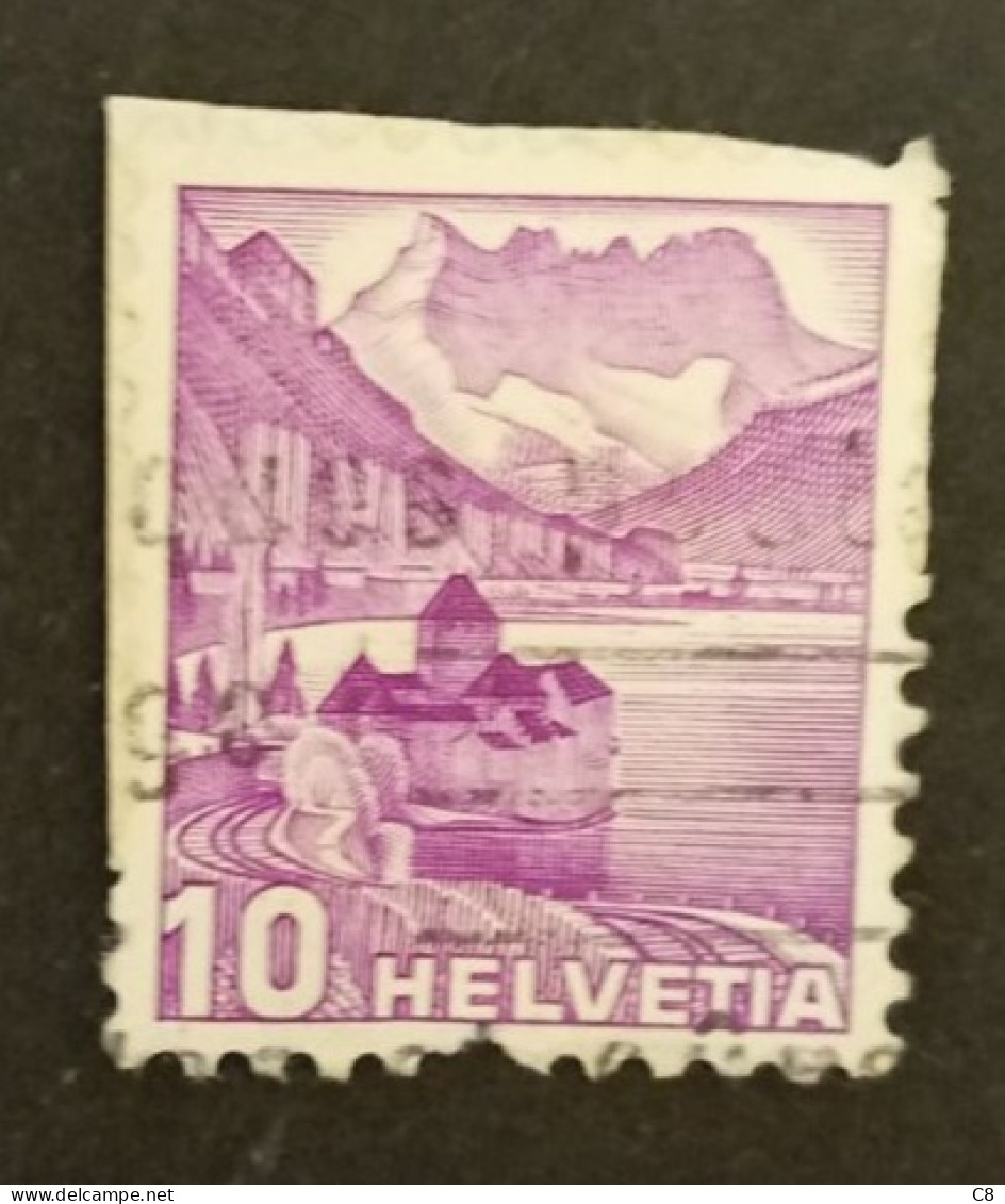 Timbres "Paysages", 5 vert 1934 Pilatus, 10 violet 1936 Chateau de Chillon, 20 rouge 1934 Voie du Saint Gothard, ++