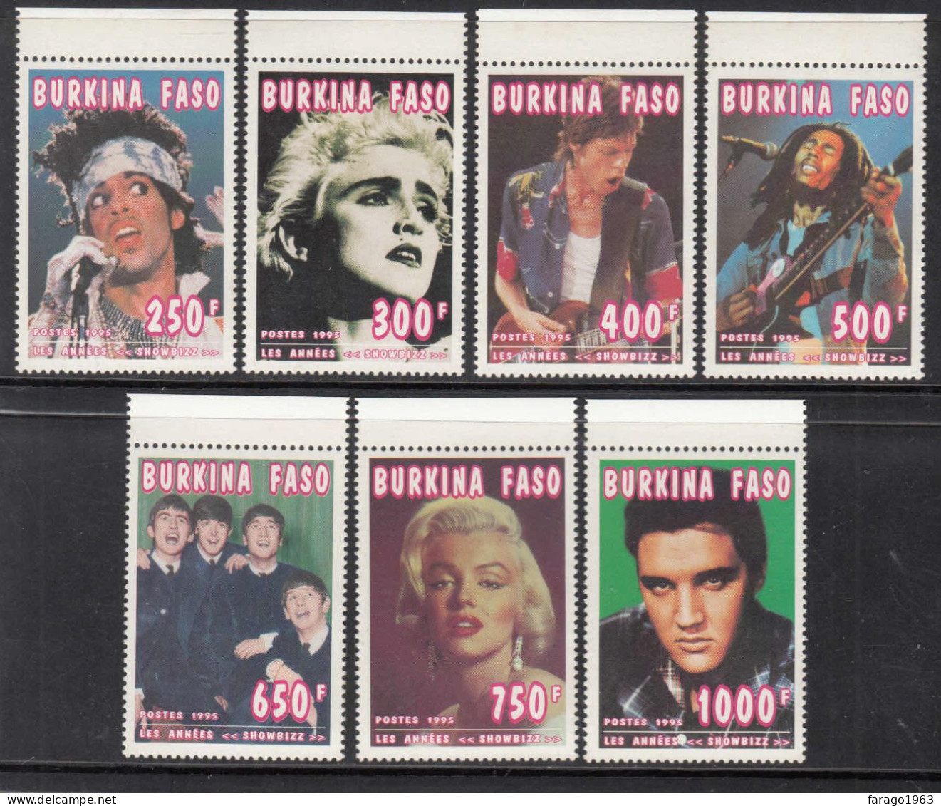 1995 Burkina Faso SHOWBIZZ Marley Beatles Rolling Stones Rock N Roll  Set Of 7 MNH - Burkina Faso (1984-...)