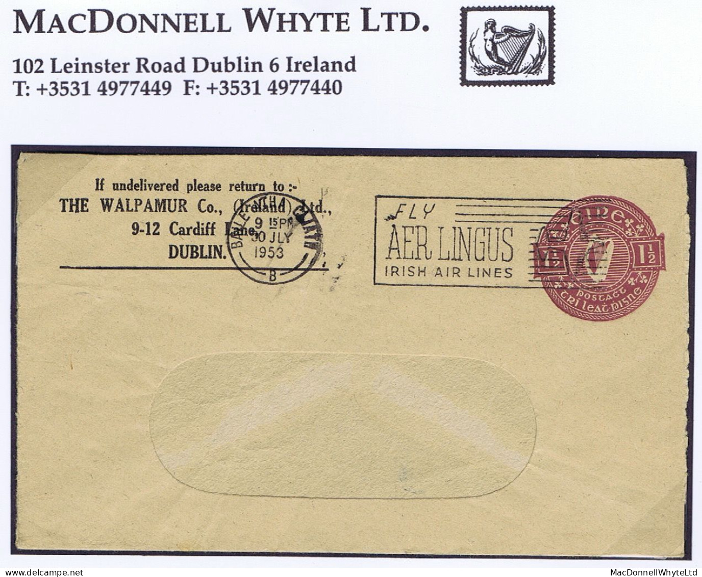 Ireland Stamped-to-order 1953 THE WALPAMUR Co window Envelope, 1½d Purple Used Dublin FLY AER LINGUS - Interi Postali