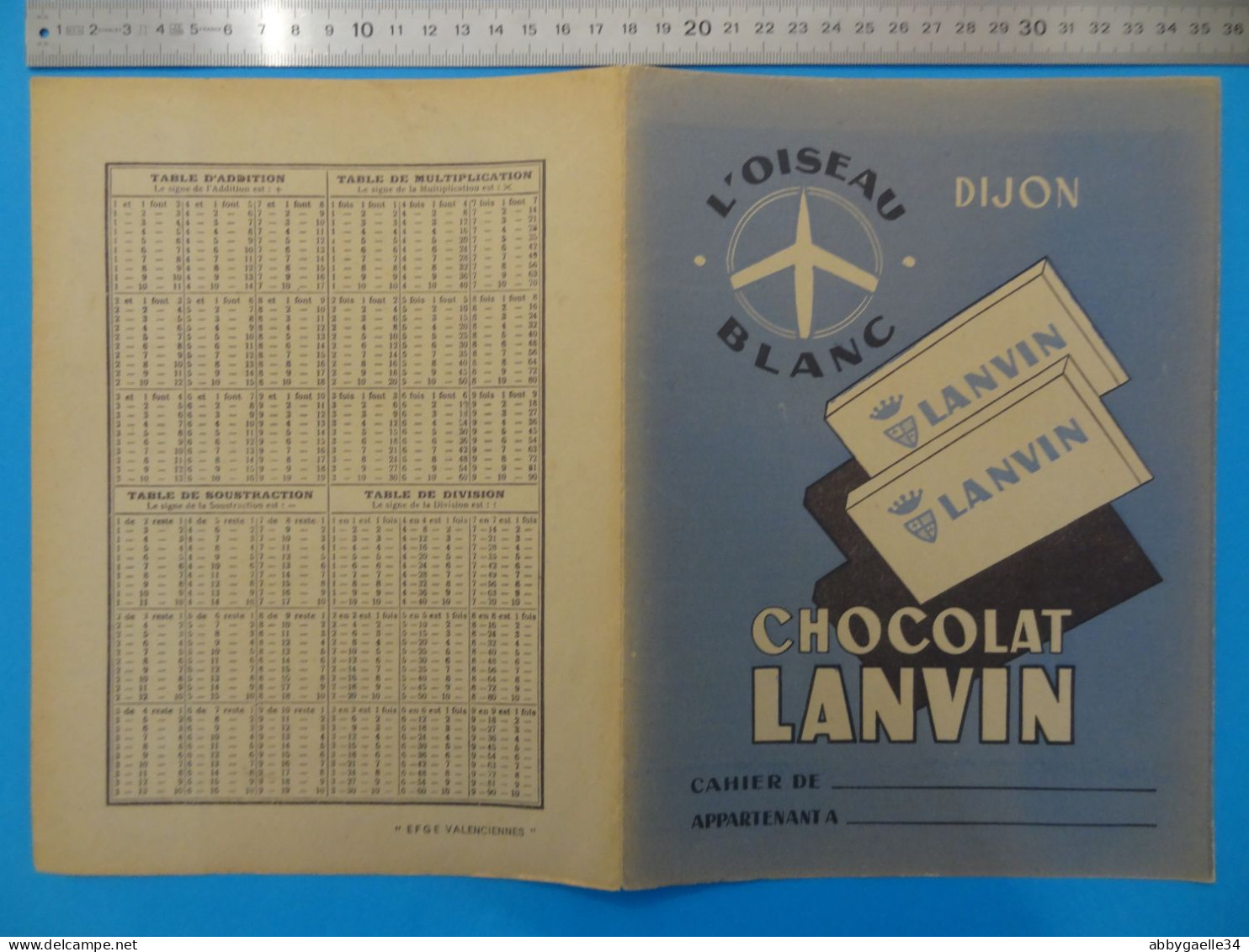 Protège-cahier Publicitaire CHOCOLAT LANVIN L'oiseau Blanc EFGE Valenciennes (Nord) - Chocolat