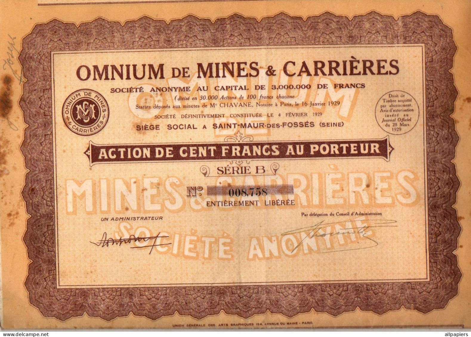 Action De Cent Francs Au Porteur Omnium De Mines & Carrières Série B - Mines