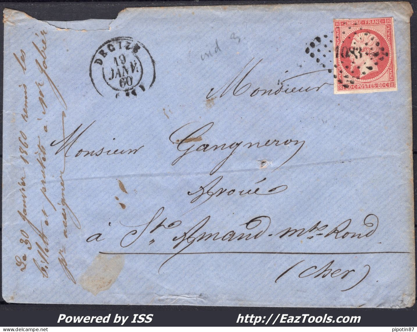 FRANCE N°17B SUR LETTRE AVEC PC 1083 DECIZE NIEVRE + CAD DU 19/01/1860 - 1853-1860 Napoléon III.