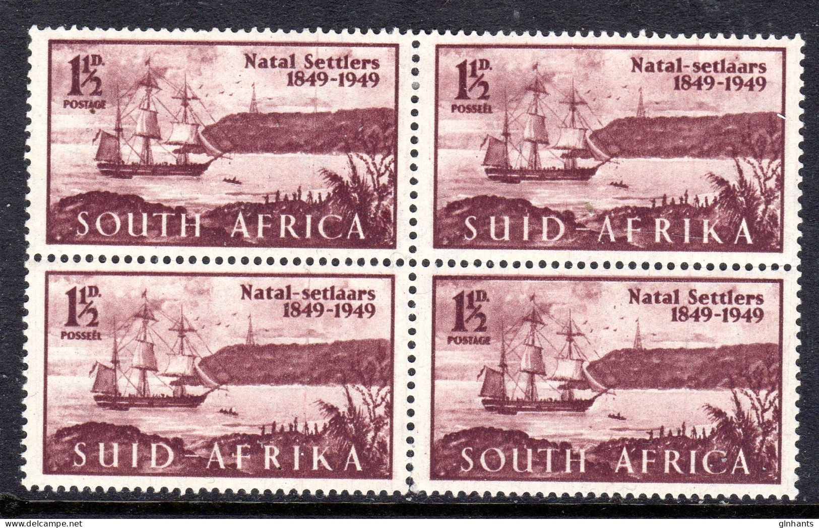 SOUTH AFRICA - 1949 BRITISH SETTLERS IN NATAL ANNIVERSARY 1½d STAMP IN BLOCK OF 4 FINE MM/MNH */** SG 127 X 4 - Unused Stamps