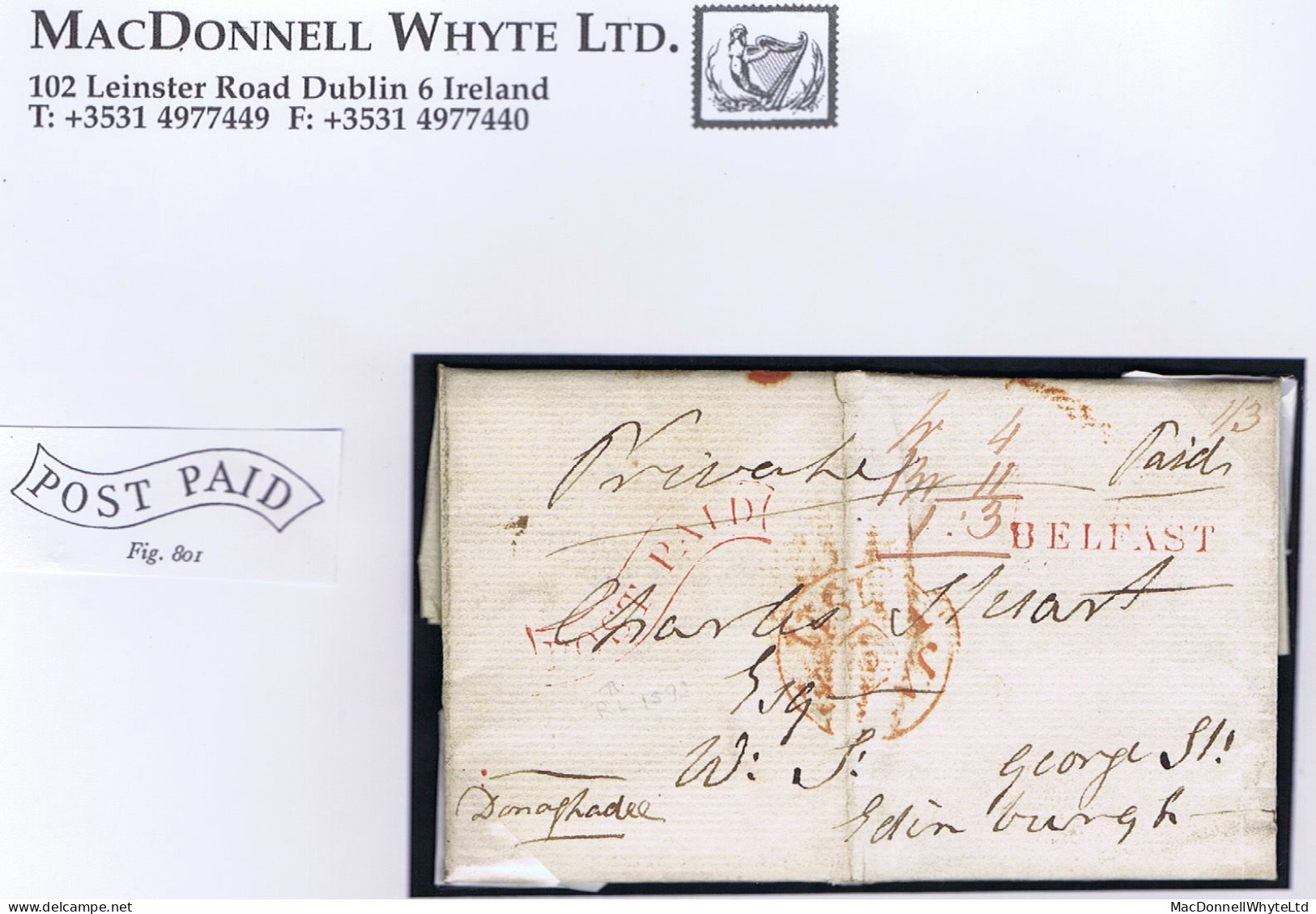 Ireland Belfast 1811 Letter To Edinburgh With Belfast Scroll POST PAID And BELFAST, Divided Rate Ir 4 Br 11 = 1:3 - Préphilatélie