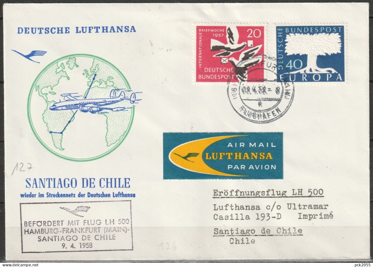 BRD Flugpost /Erstflug LH 500 Superconstellation Frankfurt - Santiago De Chi 8.4.1958 Ankunftstempel 9.4.1958 (FP 232) - First Flight Covers