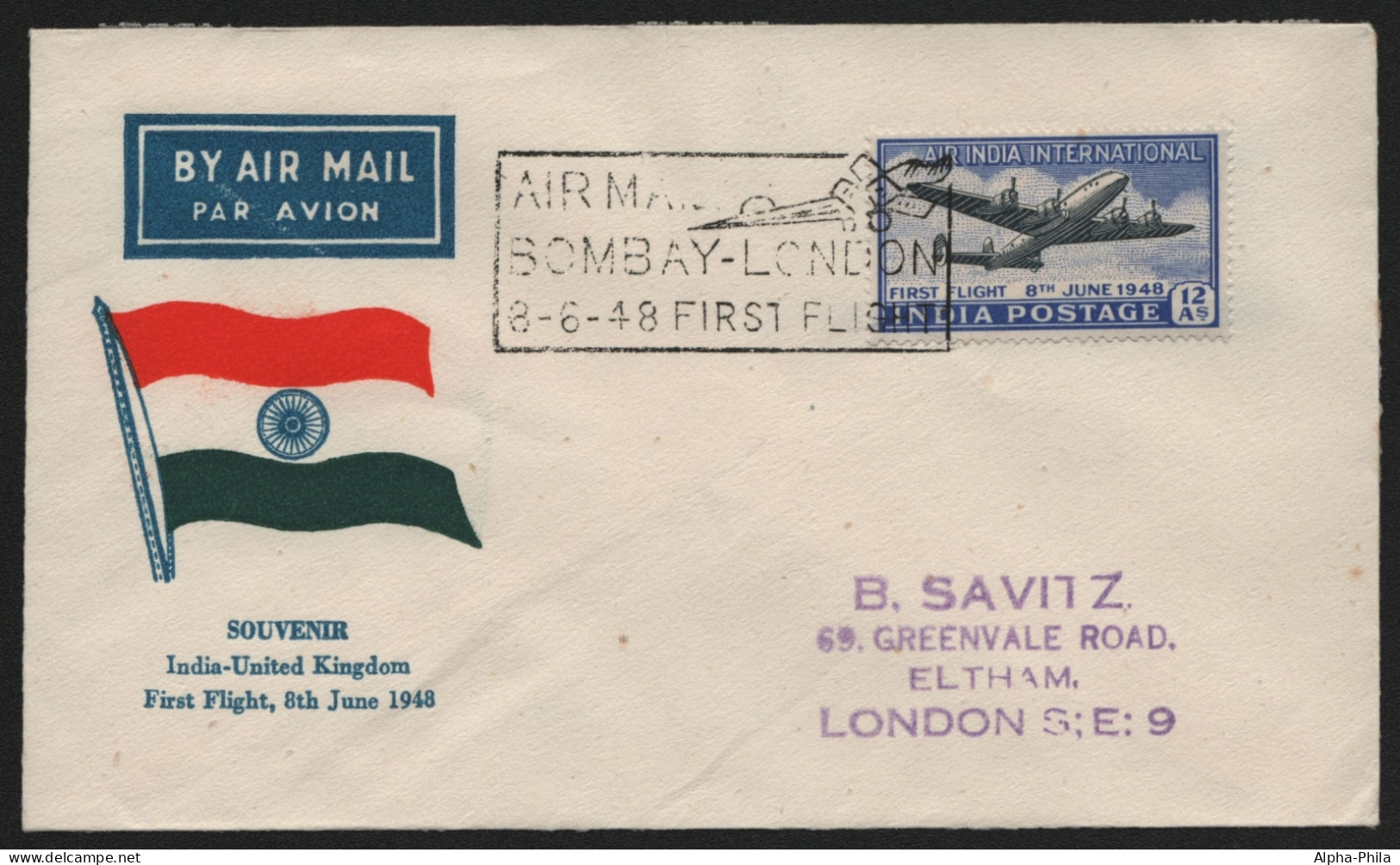 Indien 1948 - Mi-Nr. 186 Gest / Used - Erstflug Von Bombay Nach London - Cartas & Documentos